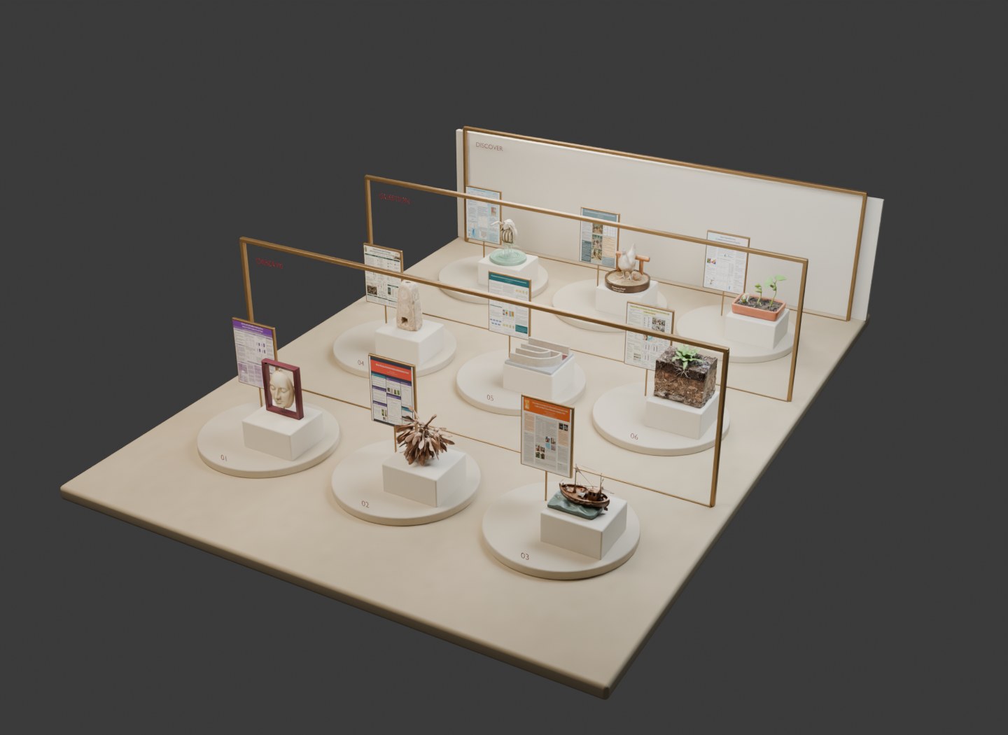 The school research exhibition, with poster displays and sculptural research exhibits