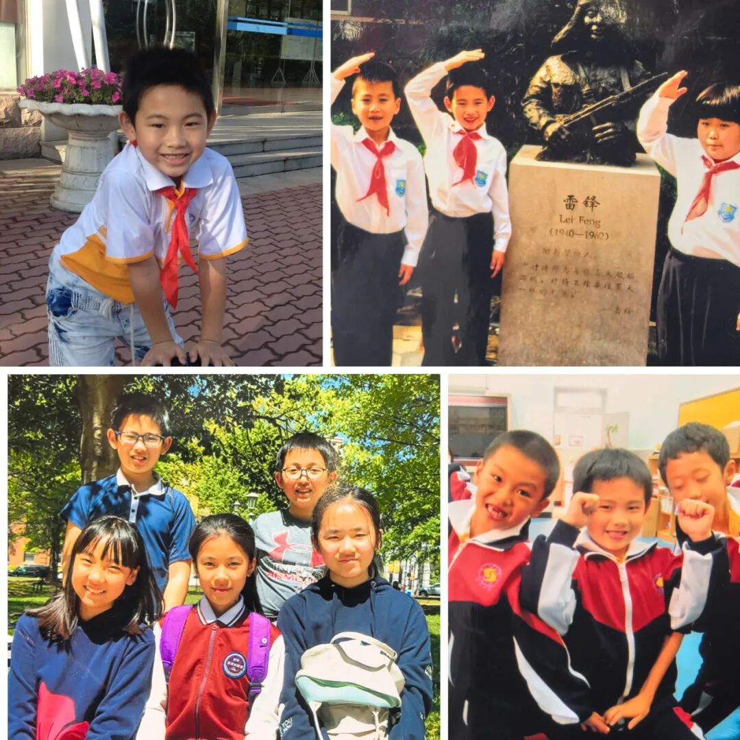 A four-part photograph collage of primary school students in uniform with red scarves