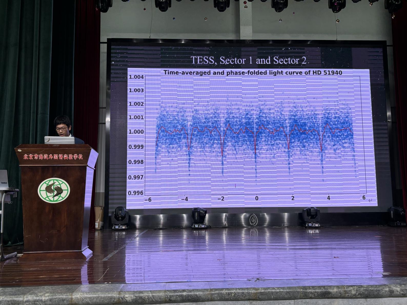 Changxuan Li presenting the time-averaged and phase-folded light curve of HD 51940 from TESS Sectors 1 and 2 on the auditorium screen