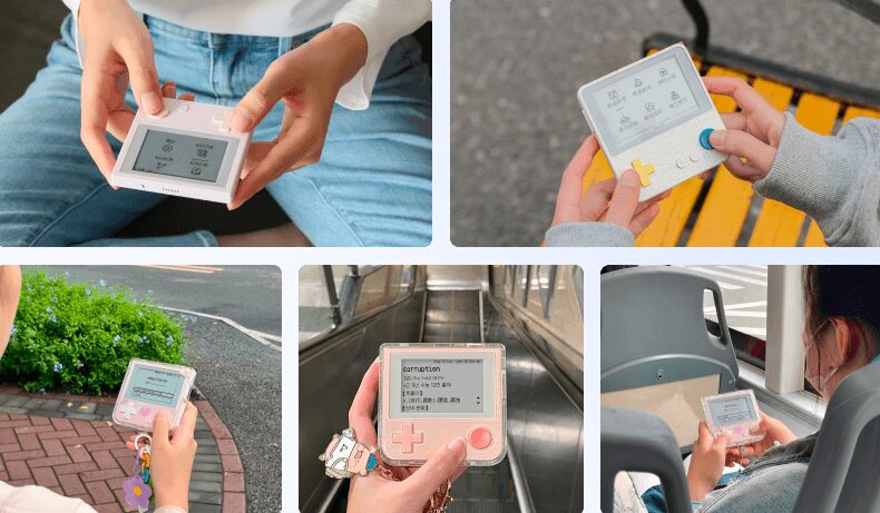 A collage of students holding the handheld vocabulary device in classrooms, corridors and on the way to school