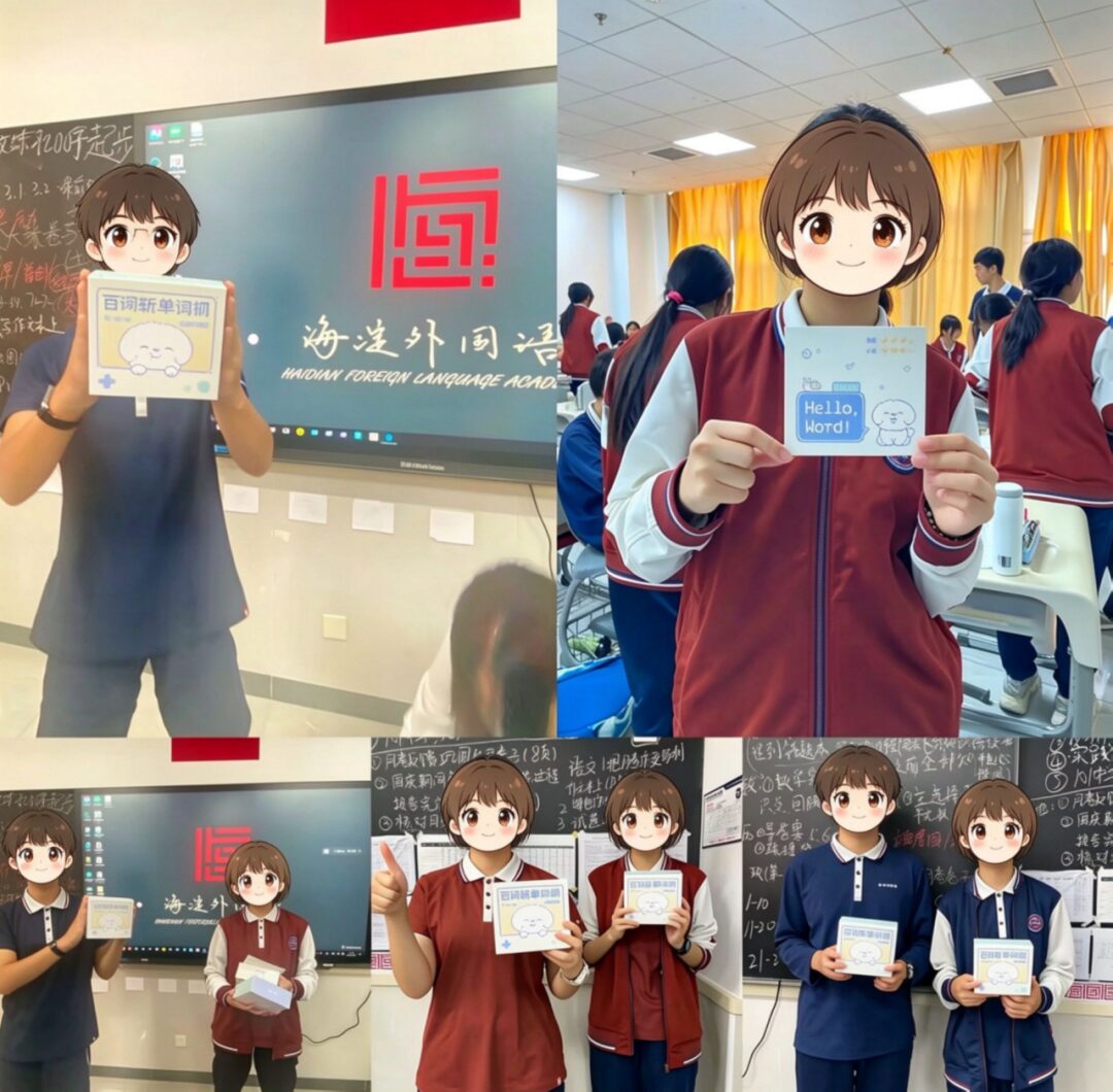 Students holding handheld vocabulary devices at the campus vocabulary pilot launch