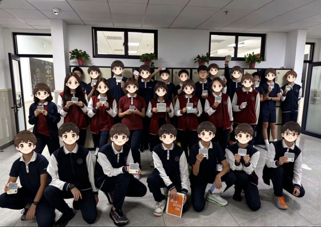 A class group photograph with students holding their vocabulary devices